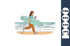 Woman Running with Surfboard on Beach Ocean Waves Active Lif Product Image 1