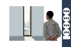 Man standing inside room looking out window contemplative mo Product Image 1