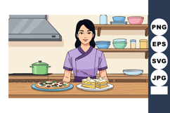 Woman chef presenting pizza and cake in kitchen with colorfu Product Image 1
