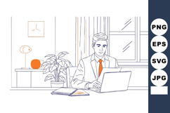 Businessman working on laptop with orange tie and plant in o Product Image 1