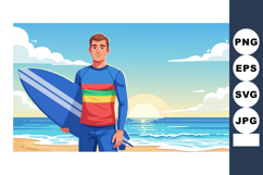 Surfer holding blue surfboard on beach during sunset with co Product Image 1