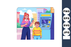 Woman using smartphone near boy at outdoor ATM machine urban Product Image 1