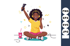 Happy girl playing video games in yellow shirt and pink shor Product Image 1