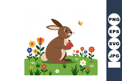 Brown Rabbit Holding Red Apple Among Colorful Flowers and Gr Product Image 1
