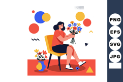 Woman Sitting on Chair Holding Bouquet of Flowers Bright Red Product Image 1
