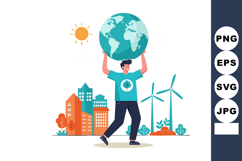 Man holding globe with sustainable cityscape and wind turbin Product Image 1