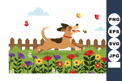 Dog running in colorful garden with butterflies and bees vec Product Image 1