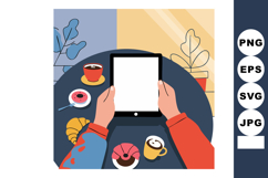 Hands Holding Tablet with Coffee and Donuts on Table in Cozy Product Image 1