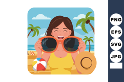 Woman holding oversized sunglasses on tropical beach with pa Product Image 1