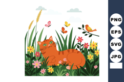 Orange cat relaxing in colorful garden with butterflies and Product Image 1