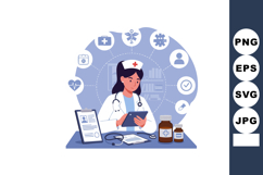 Female nurse using tablet with medical icons and healthcare Product Image 1