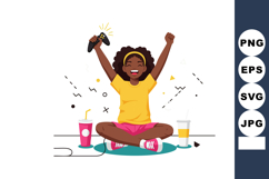 Happy young girl playing video games with controller and dri Product Image 1