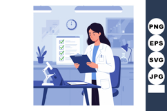Female scientist in lab coat working with clipboard in moder Product Image 1