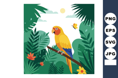 Colorful parrot perched on branch with tropical green leaves Product Image 1