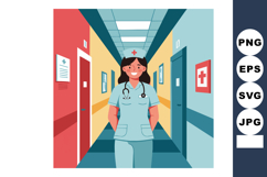 Female nurse standing in hospital corridor with medical unif Product Image 1