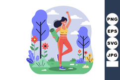 Woman exercising outdoors with yoga mat in purple trees and Product Image 1