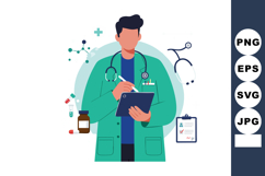 Male Doctor Wearing Green Coat Writing on Clipboard Medical Product Image 1