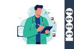 Male doctor wearing green coat writing on clipboard with ste Product Image 1