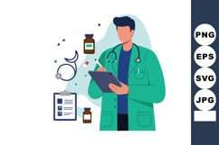 Male doctor writing medical notes with stethoscope and medic Product Image 1