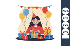 Girl Celebrating Birthday with Party Hat Balloons and Gift B Product Image 1