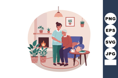 Elderly woman sitting with nurse in cozy living room with fi Product Image 1