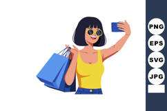 Woman with blue shopping bags taking selfie with phone in ca Product Image 1