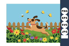 Playful brown dog jumping in colorful flower garden with but Product Image 1