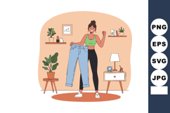 Young woman holding oversized jeans showing weight loss succ Product Image 1