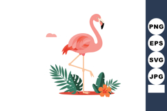 Pink flamingo standing among tropical leaves and orange hibi Product Image 1