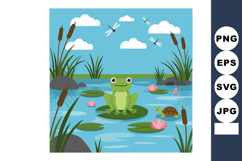 Frog and Turtle in Pond with Dragonflies and Pink Lotus Flow Product Image 1