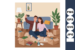 Young couple taking selfie in living room with unpacked boxe Product Image 1