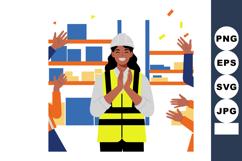 Female Construction Worker Celebrated by Team in Warehouse S Product Image 1