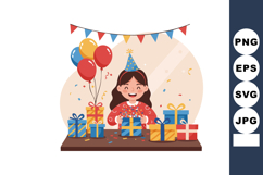 Girl celebrating birthday with balloons party hat and colorf Product Image 1