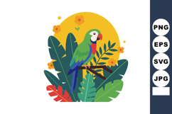 Parrot perched on tropical leaves with flowers and bright ye Product Image 1