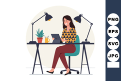 Woman working at desk with tablet and indoor plants in moder Product Image 1