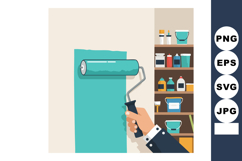 Hand Using Paint Roller Applying Blue Paint on Wall with Pai Product Image 1
