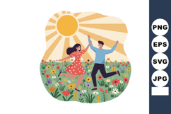 Happy couple dancing in colorful flower field under bright s Product Image 1