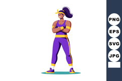 Confident woman in purple and yellow sportswear standing wit Product Image 1