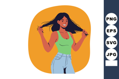 Young woman smiling holding hair with green top and jeans ve Product Image 1