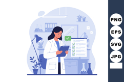 Female scientist in lab coat checking clipboard with checkli Product Image 1