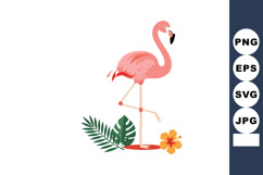 Flamingo standing on one leg with tropical leaves and hibisc Product Image 1