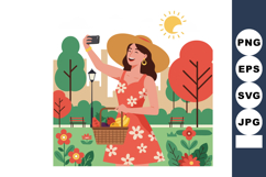 Woman in floral dress taking selfie with basket in park duri Product Image 1