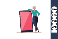 Mature woman leaning on large smartphone digital device vect Product Image 1