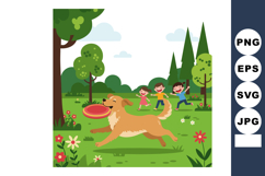 Happy dog playing with frisbee and children running in green Product Image 1