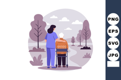 Caregiver supporting elderly man in wheelchair in purple lan Product Image 1