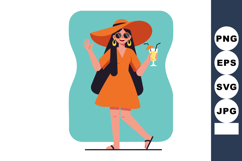 Woman Wearing Orange Dress and Wide Brim Hat Holding Cocktai Product Image 1