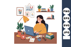 Woman working on laptop at desk with plants books and coffee Product Image 1