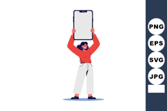 Woman holding large smartphone above head in casual outfit v Product Image 1