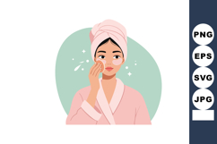 Woman in pink bathrobe with towel on head applying skincare Product Image 1