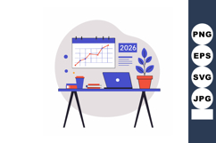 Workspace with laptop calendar showing 2026 graph and plant Product Image 1